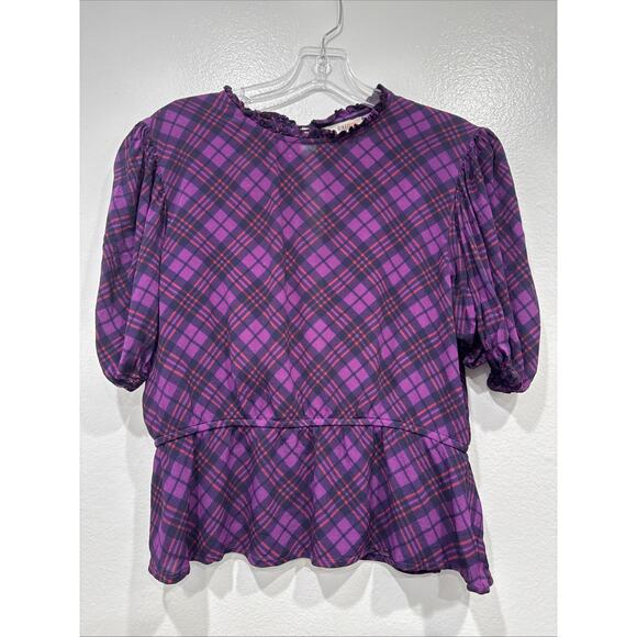 RAHL Victoria Plaid Top Women’s Size Large Purple Print Short Sleeve Blouse READ - Picture 3 of 12